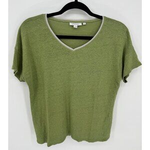 Chicos Womens Linen Olive Green V-Neck Short Sleeve Top
